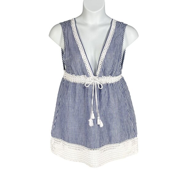 J Crew Women M 60% Linen Swim Dress Striped Eyelet Lace Tassel Drawstring Beachy - Picture 1 of 14